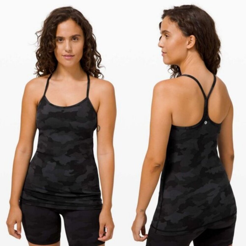 Lululemon 2019 Camouflage Black Power Y Tank Built In Bra With Cups Yoga Top 4 - Picture 1 of 11